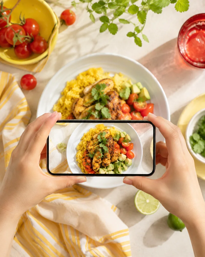 料理をスマートフォンで撮影するSNS投稿制作の様子